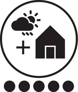 Ein Symbol zeigt ein Haus und eine Sonne mit Wolken und Regen darüber, daneben ein Pluszeichen. Darunter fünf Punkte.