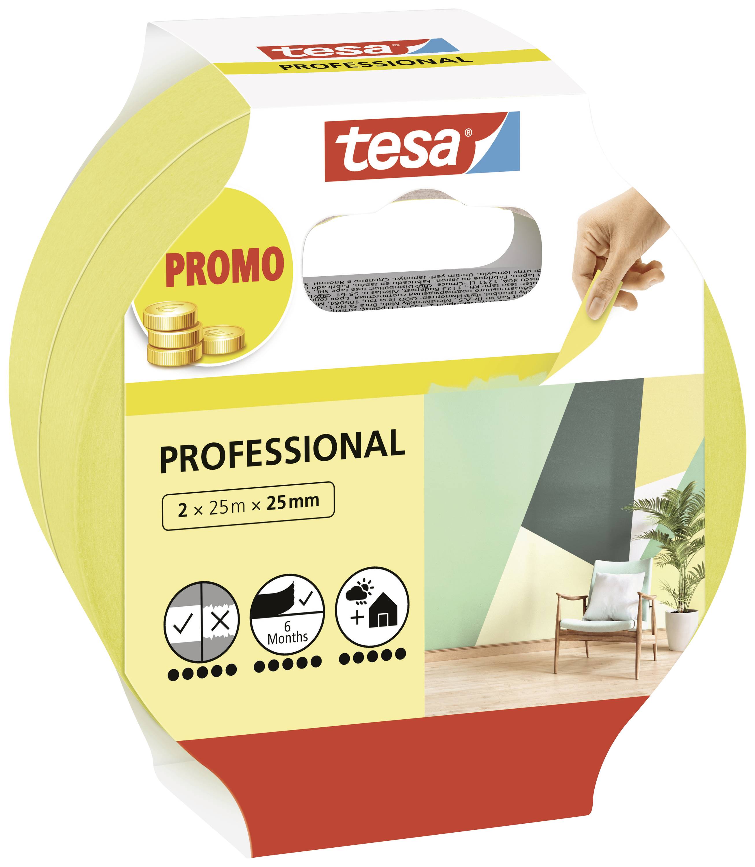 TESA Professional 56212-00000-02 Malerabdeckband Gelb (L x B) 50 m x 25 mm 2 St.