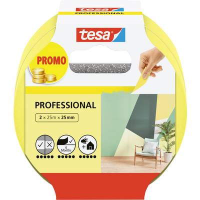 Klebeband-Verpackung mit 'tesa' Logo, als professionell vermarktet. Zeigt eine Hand, die Klebeband abrollt, und einen bemalten Raum. Etikett: '2 x 25m x 25mm'.