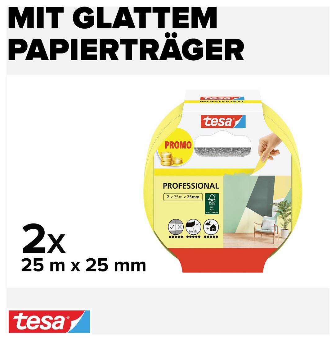 'Zwei Rollen Klebeband Tesa Professional, je 25 m x 25 mm, für präzises Abkleben. Verpackung zeigt Anwendungsbeispiel an der Wand.'