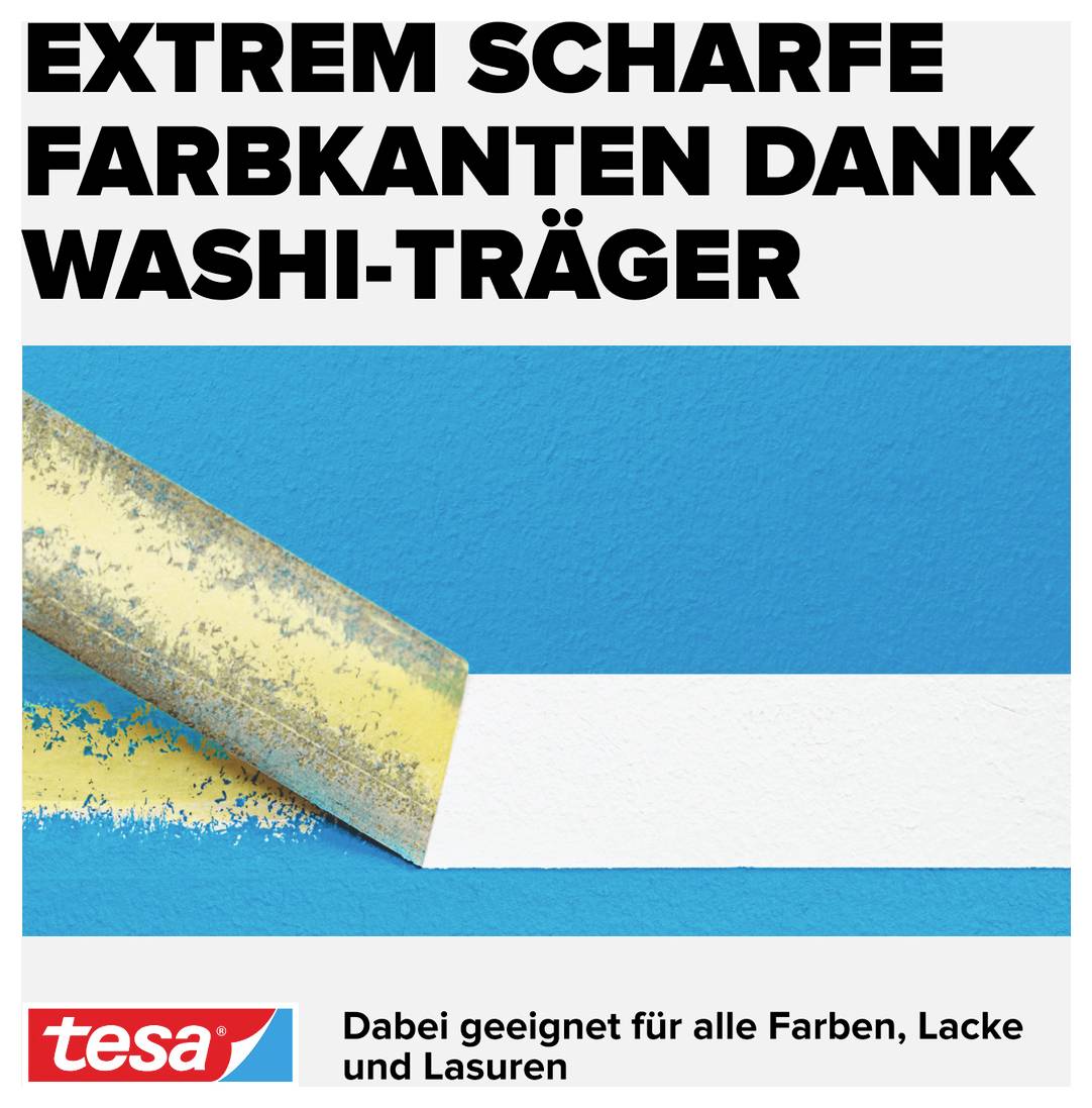 Ein Malerband erzeugt eine klare Farbkante auf einer Wand mit blauer Farbe. Text: 'Extrem scharfe Farbkanten dank Washi-Träger'.