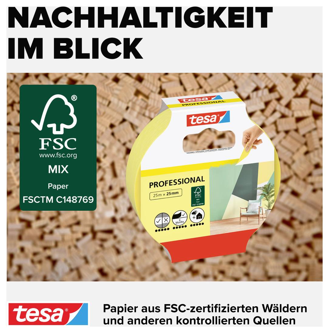 'Nachhaltigkeit im Blick' steht oben, darunter ein Etikett von tesa auf einem Kartonhintergrund. FSC-Logo und Produkttext sind sichtbar.