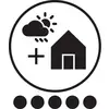 Symbol eines Hauses mit Sonnenschein und Regenwolken, Pluszeichen daneben. Unten fünf gefüllte Kreise.
