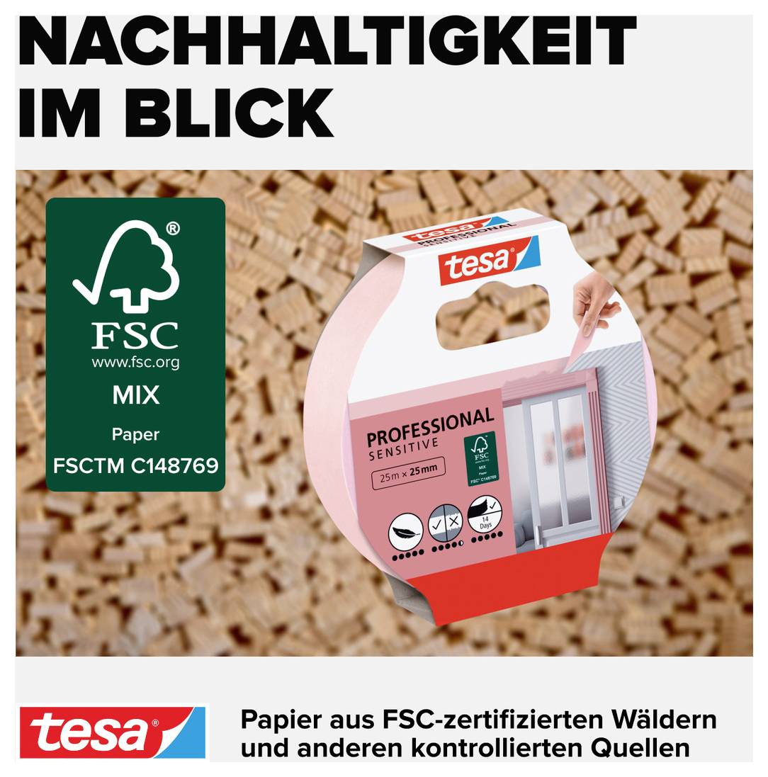 'Nachhaltigkeit im Blick' und ein FSC-Logo. Verpackung von tesa Klebeband: 'Professional Sensitive'. Papier aus FSC-zertifizierten Wäldern.