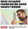 Mann klebt gelbes Kreppband an eine Wand. Text: 'Sehr scharfe Farbkanten dank Washi-Träger'. Geeignet für alle Farben, Lacke und Lasuren.