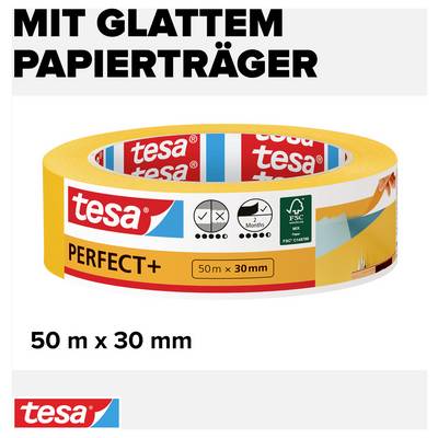 'Klebebandrolle der Marke tesa PERFECT+ mit glattem Papierträger, 50 m x 30 mm, in Verpackung mit entsprechenden Symbolen aufgedruckt.'
