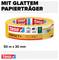 'Klebebandrolle der Marke tesa PERFECT+ mit glattem Papierträger, 50 m x 30 mm, in Verpackung mit entsprechenden Symbolen aufgedruckt.'