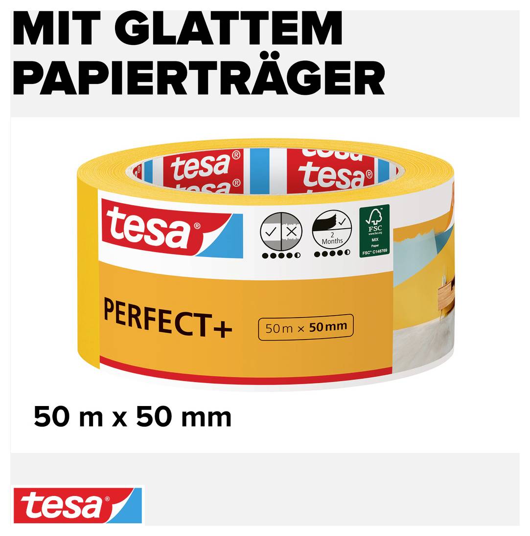 'Abbildung eines gelben Klebebandprodukts von tesa, beschriftet mit "PERFECT+", 50 m x 50 mm, mit glattem Papierträger.'