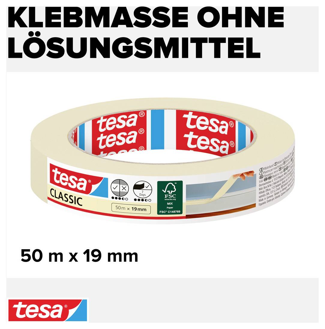'Klebmasse ohne Lösungsmittel' zeigt eine Rolle Tesa-Klebeband, 50 m x 19 mm, mit Produktinformationen und Nachhaltigkeitssymbolen.