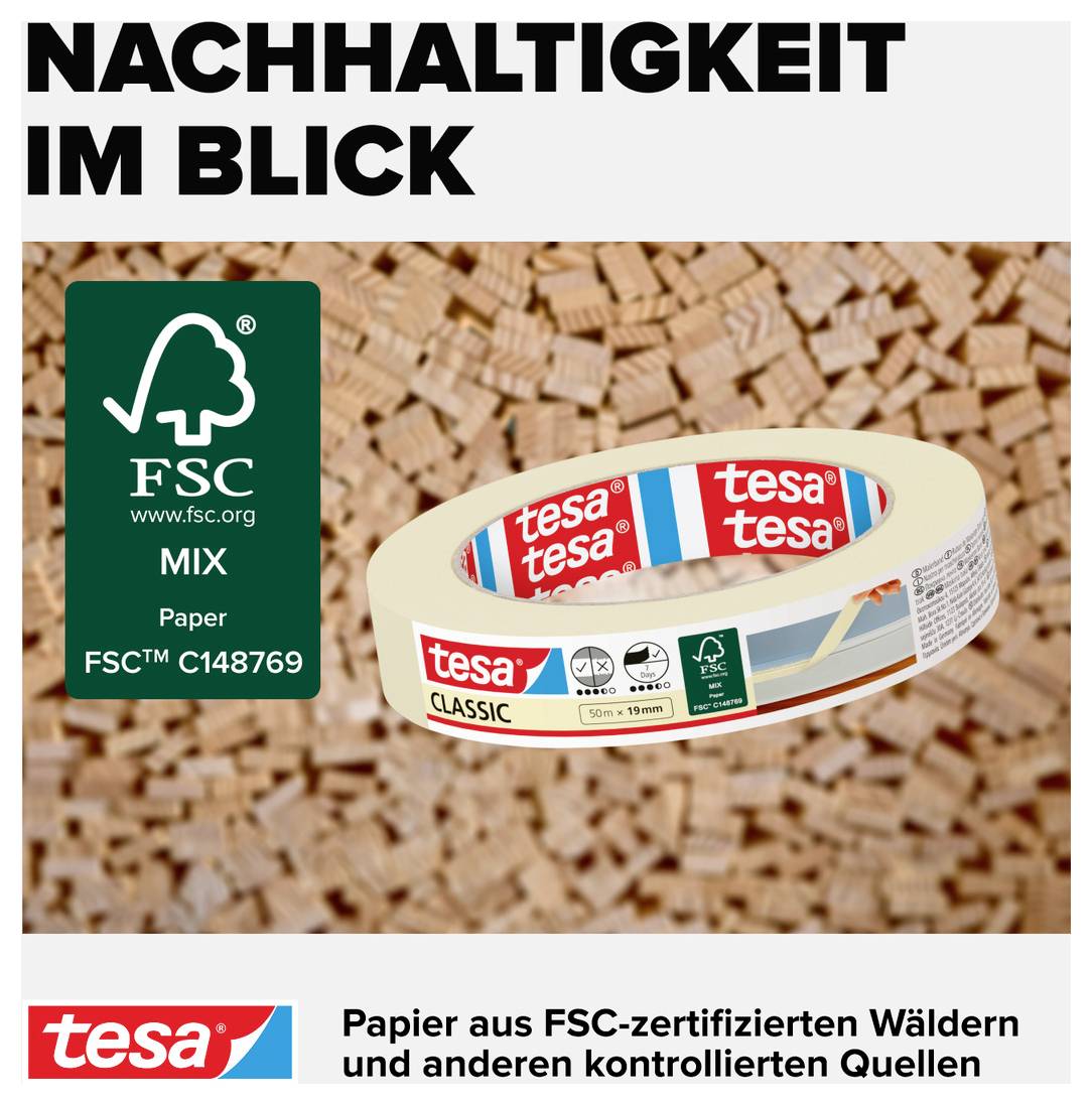 'Nachhaltigkeit im Blick' zeigt eine Rolle tesa Classic Klebeband. FSC-Logo suggeriert Recycling oder nachhaltige Forstwirtschaft.