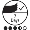 Symbol für ein frisches Produkt: '7 Tage' und ein Häkchen symbolisieren die Frischegarantie. Fünf schwarze Kreise unten, vier voll, einer leer.