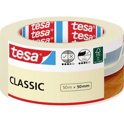 Eine beige Rolle 'tesa' Klebeband mit der Aufschrift 'KLASSIK', Größe 50m x 50mm, geeignet für sieben Tage, mit Lagerungshinweisen und Öko-Kennzeichnung.