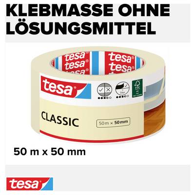 Klebeband mit der Aufschrift 'tesa CLASSIC', 50 m x 50 mm, lösemittelfrei. Verpackungsansicht mit Umwelt- und Recycling-Symbolen.