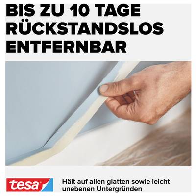 'Eine Hand entfernt Klebeband von einer Wand. Text: Bis zu 10 Tage rückstandslos entfernbar. Marke: Tesa.'