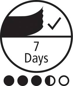 Logo mit 7 Tagen gültiger Garantie. Gezeigte Symbole: ein Haken, '7 Days', und fünf Kreise, von denen der fünfte zur Hälfte ausgefüllt ist.