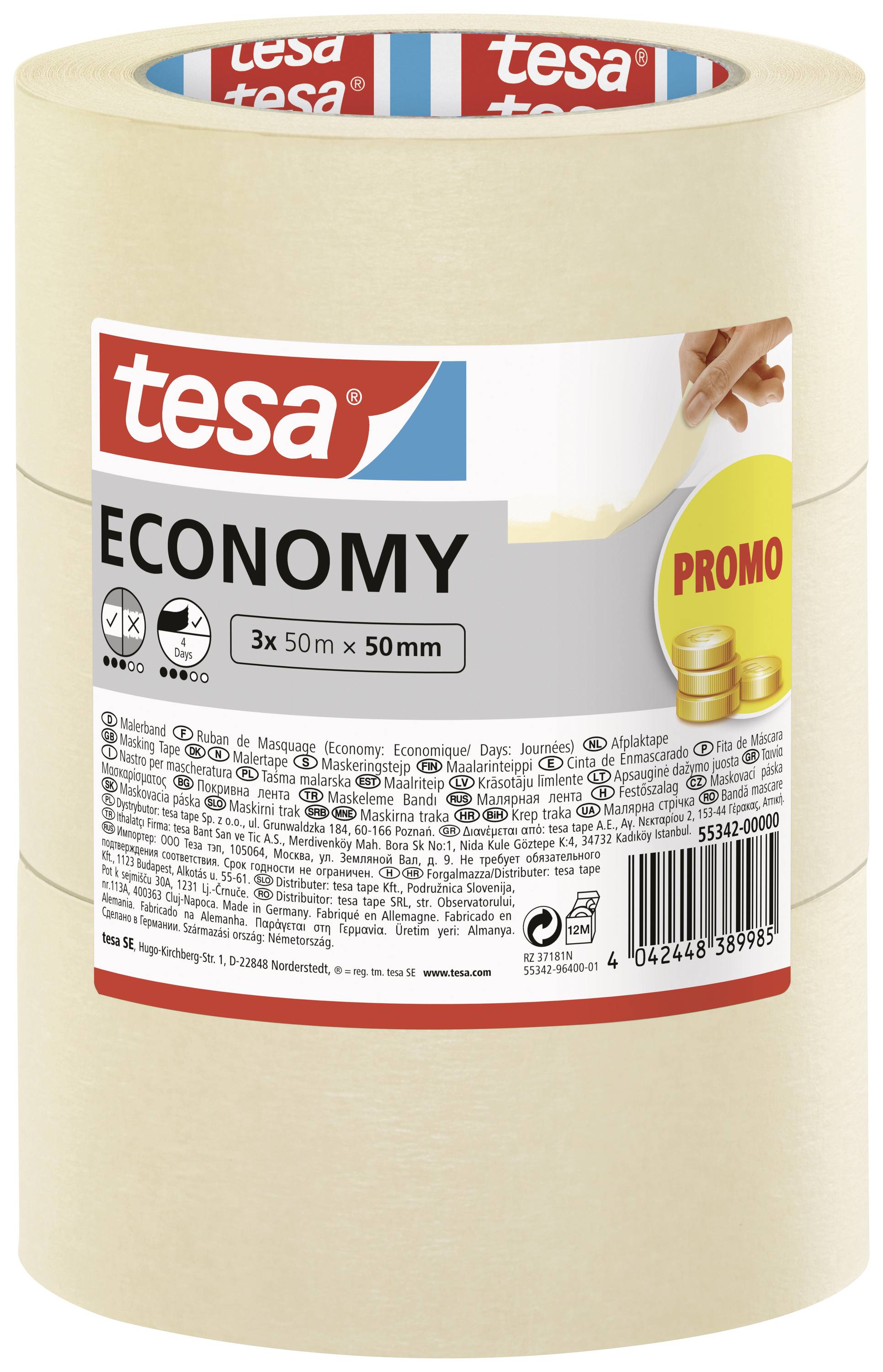 TESA Economy 55342-00000-00 Malerabdeckband Weiß (L x B) 50 m x 50 mm 3 St.