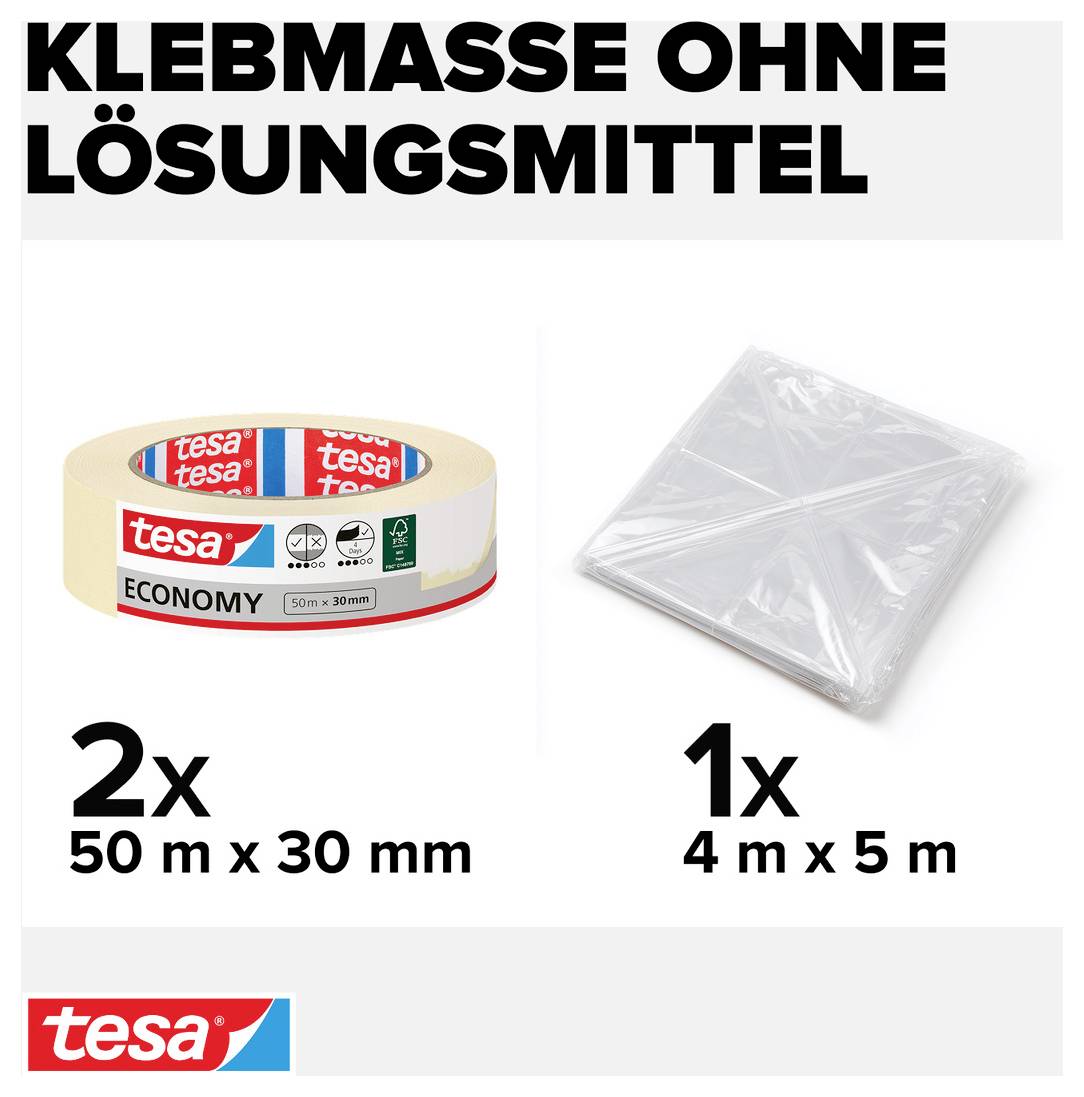 Klebeband und Abdeckfolie 'tesa' gezeigt. Klebeband: 2 Stück, 50 m x 30 mm. Abdeckfolie: 1 Stück, 4 m x 5 m. Lösemittelfrei.