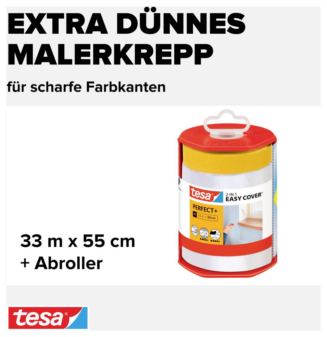 'Verpackung von Tesa Malerband 2-in-1 Easy Cover, extra dünn, für scharfe Farbkanten, 33 m x 55 cm, inklusive Abroller.'