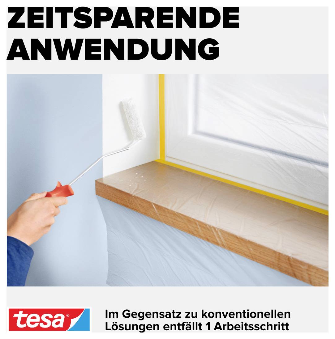 'Person streicht vorsichtig den Fensterrahmen mit einer Farbrolle. Text: ZEITSPARENDE ANWENDUNG. Tesa-Logo unten links.'