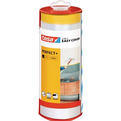 Tesa 2-in-1 Easy Cover Perfect+ Rolle, 33m x 1,40m, gezeigt mit Bild einer Person, die einen Farbroller an einer Wand verwendet.
