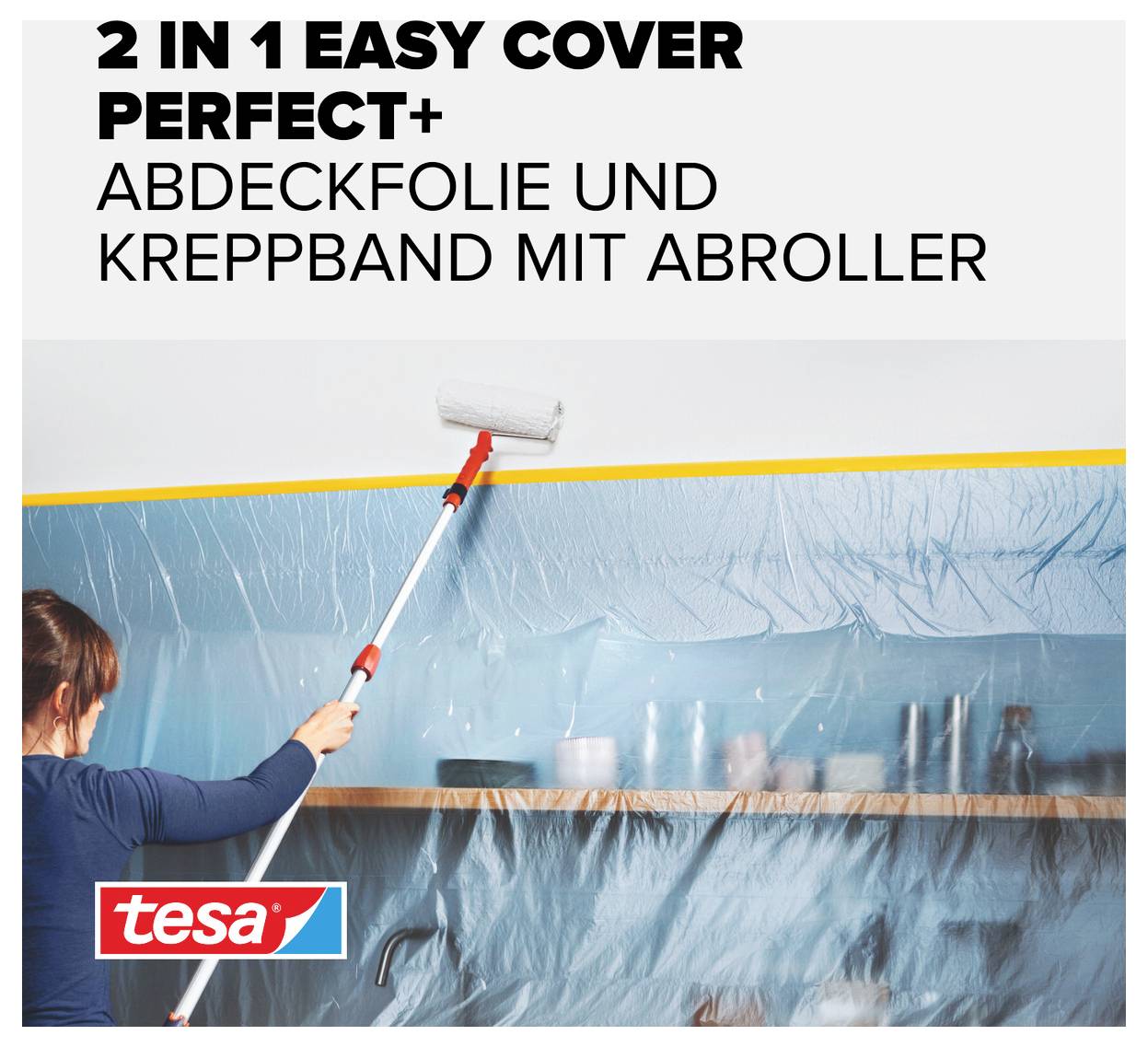 Mensch streicht Wand mit Farbrolle; Produkttext: '2 in 1 Easy Cover Perfect+ Abdeckfolie und Kreppband mit Abroller'; Marke tesa.