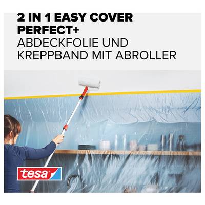 Mensch streicht eine Wand. Text: '2 in 1 Easy Cover Perfect+ Abdeckfolie und Kreppband mit Abroller'. Marke: tesa.