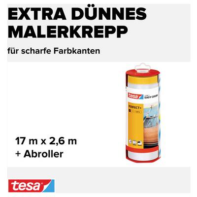 'Extra dünnes Malerkrepp für scharfe Farbkanten, 17 m x 2,6 m, inklusive Abroller.' Ein Produktbild von tesa.