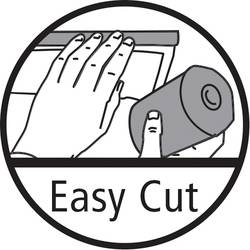 Zwei Hände, eine hält ein Cuttermesser, die andere drückt auf Papier. Der Text darunter lautet 'Easy Cut'.