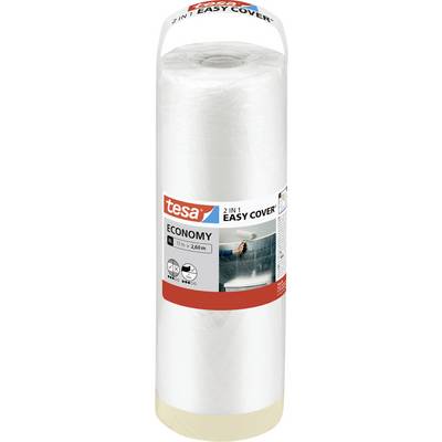 Rolle von Tesa '2 in 1 Easy Cover Economy' Kunststofffolie, Maße 17m x 2,6m, in Verpackung mit Illustration einer Schutzmaske dargestellt.