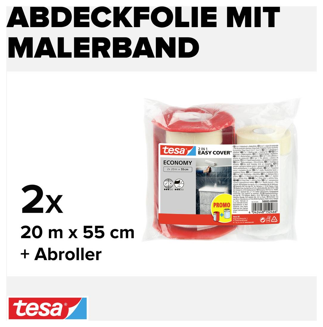 'Zwei Packungen Abdeckfolie mit Malerband, 20 m x 55 cm, inklusive Abroller. Marke: tesa. Angebot: 2 zum Preis von 1.'