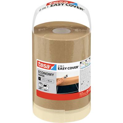 Eine Rolle 'tesa 2 in 1 Easy Cover' Ökonomie-Papier, Größe Klein, 25m x 18cm, in einer Verpackung mit Gebrauchsanweisungen auf dem Etikett.