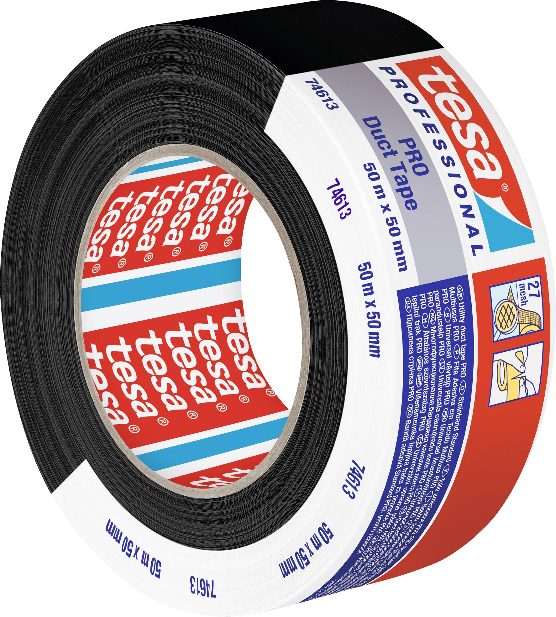 'Rolle schwarzes Tesa Duct Tape 50m x 50mm, professionelle Qualität, für Innen- und Außenarbeiten, mit Schutzfilm gegen Feuchtigkeit.'