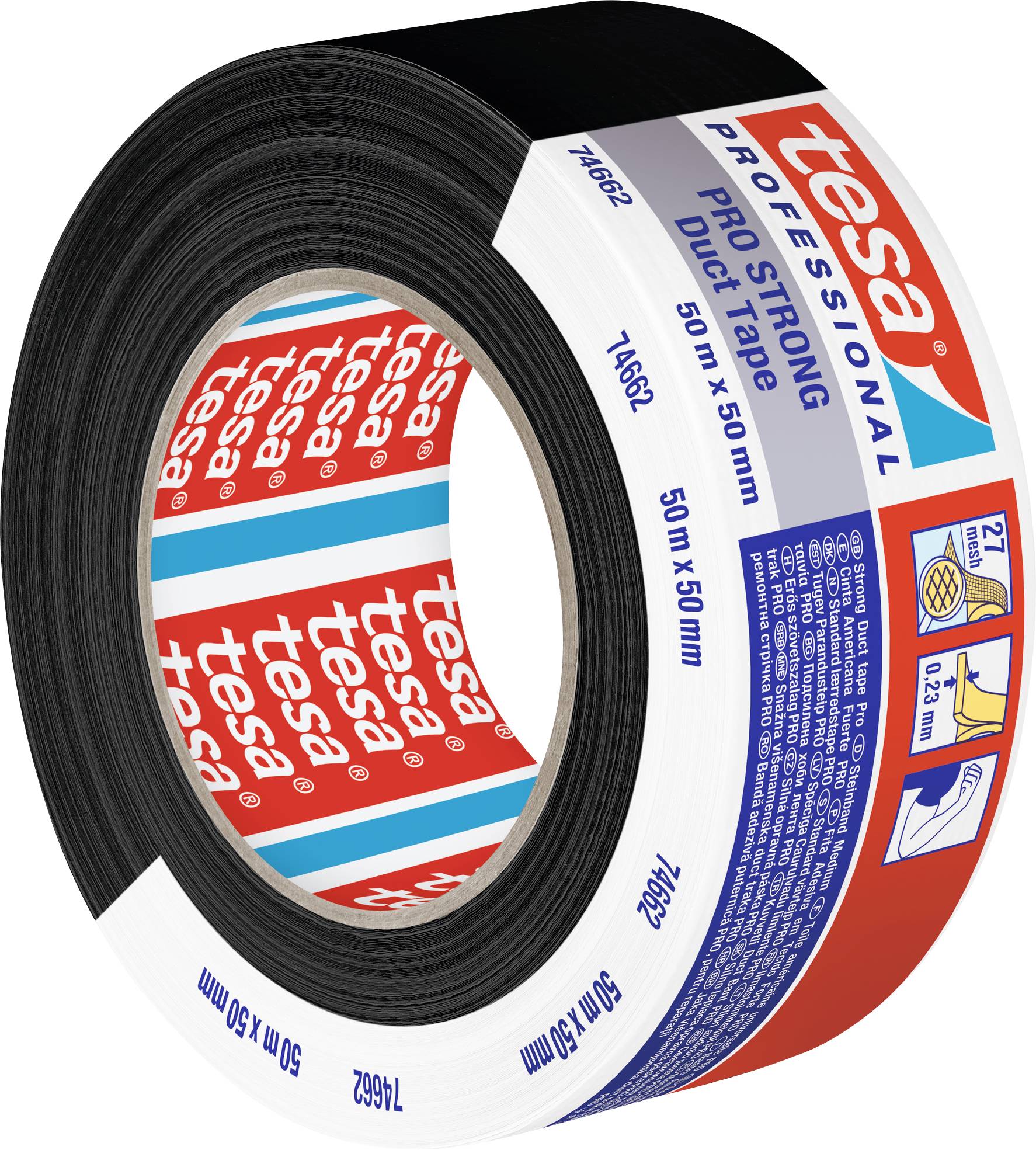 Eine Rolle schwarzes Tesa-Pro-Strong-Duct-Tape, 50 m x 50 mm, mit schwarzer Vinyl-Oberfläche; ideal für professionelle Anwendungen.