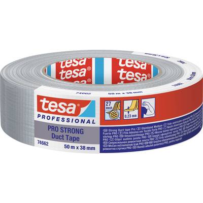 Eine Rolle graues, professionelles Gewebeband der Marke Tesa mit der Aufschrift 'PRO STRONG Duct Tape', 50 m x 38 mm.
