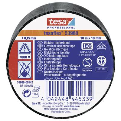 Schwarzes Elektro-Isolierband von 'tesa professional', 0,15 mm dick, 10 m x 19 mm, 7000 V Spannung, CE-zertifiziert.