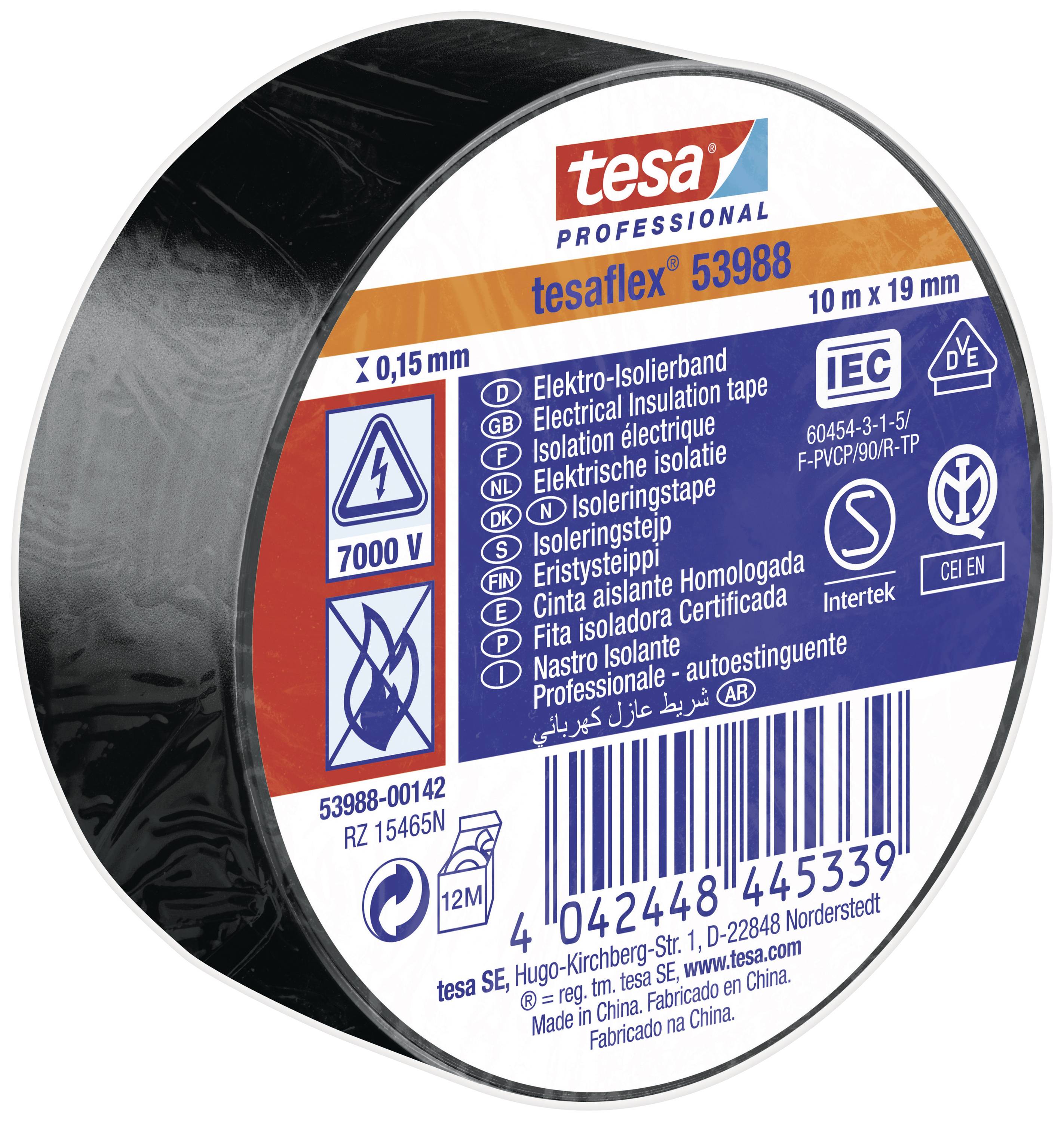 'tesa professional tesaflex 53988' schwarze Isolierband-Rolle, 10 m x 19 mm, 7000 V, elektrische Symbole und Zertifikate auf Etikett.