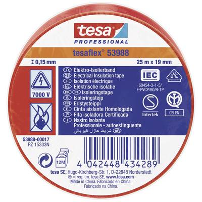 '25 m x 19 mm tesa Professional tesaflex 53988 Elektro-Isolierband'. Spannungssymbol: 7000 V. CE- und EN-Symbole unten.