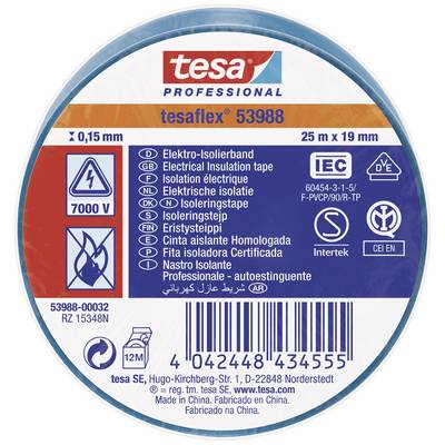 Runde Verpackung der tesa Professional Elektro-Isolierbänder mit Produktdetails, Spezifikationen und Sicherheitsinformationen auf dem Etikett.