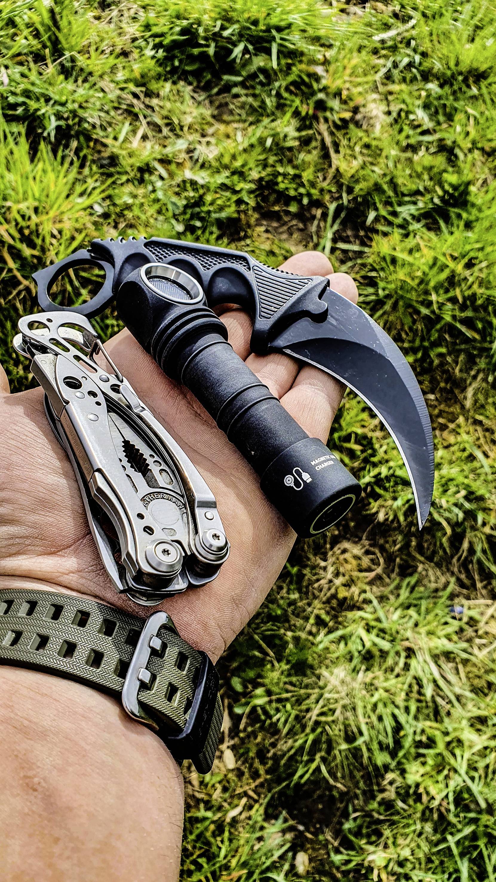 Eine Hand hält ein Multitool, eine Taschenlampe und ein gebogenes Messer. Hintergrund aus Gras und Vegetation.