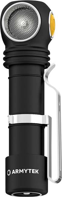 Schwarze Taschenlampe mit silbernem Clip, geriffeltem Griff und gelbem Schalter. Markenname 'ARMYTEK' unten am Griff.