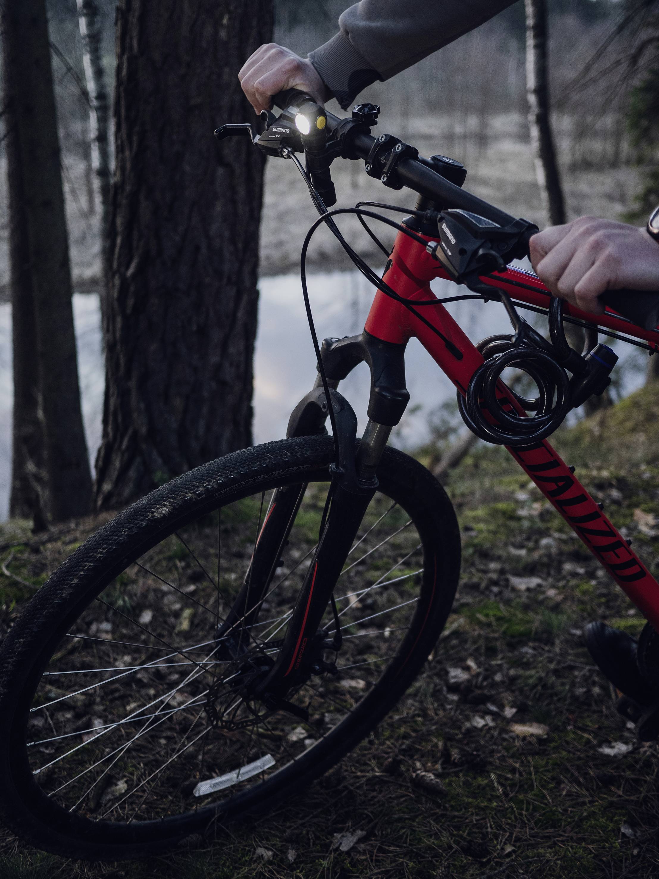 Person fährt ein rotes Mountainbike auf einem Waldweg entlang eines Sees. Es ist ein bewölkter Tag und das Vorderlicht des Fahrrads leuchtet.