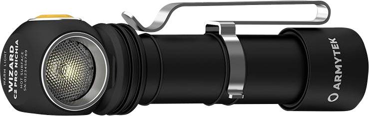 Schwarze Taschenlampe mit gebogenem Clip und seitlichem Knopf, produziert von Armytek.