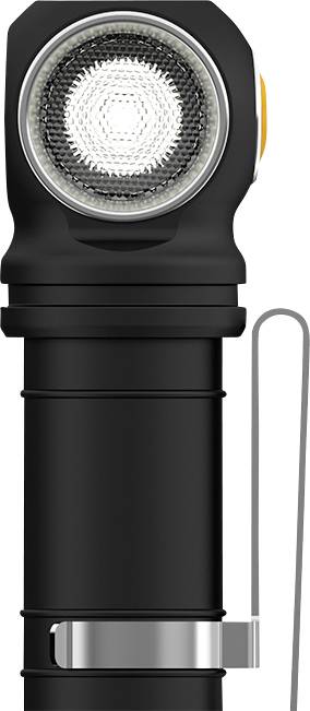 Schwarze LED-Taschenlampe mit abgewinkeltem Kopf, silbernem Clip an der Seite und orangefarbenem Knopf. Ideal für freihändige Nutzung.