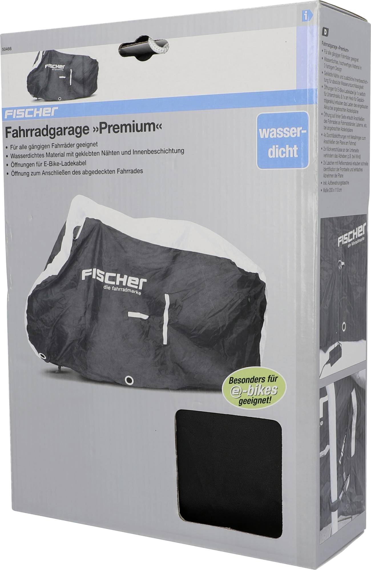 Verpackung einer schwarzen Fahrradgarage von Fischer, wasserdicht, speziell für E-Bikes geeignet. Enthält Bild der Hülle auf Fahrrad.