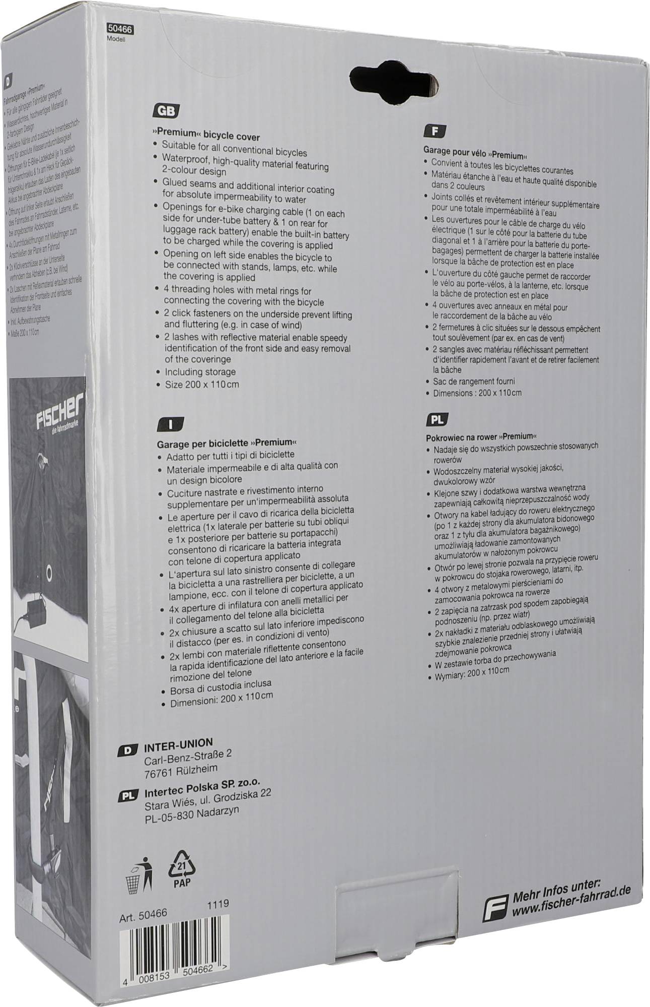 'Premium Fahrradabdeckung' in Verpackung. Beschreibung in Englisch, Deutsch, Französisch und Polnisch, Maße 200 x 110 cm.