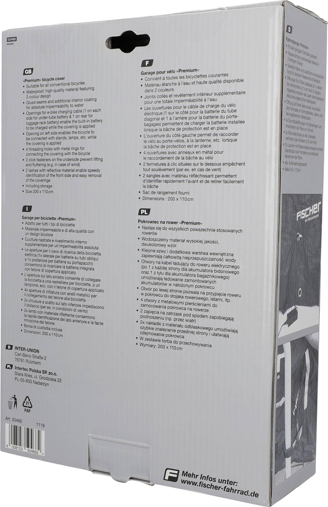 Verpackung eines Produkts der Marke Fischer mit Informationen in mehreren Sprachen, darunter Deutsch, Französisch und Niederländisch.