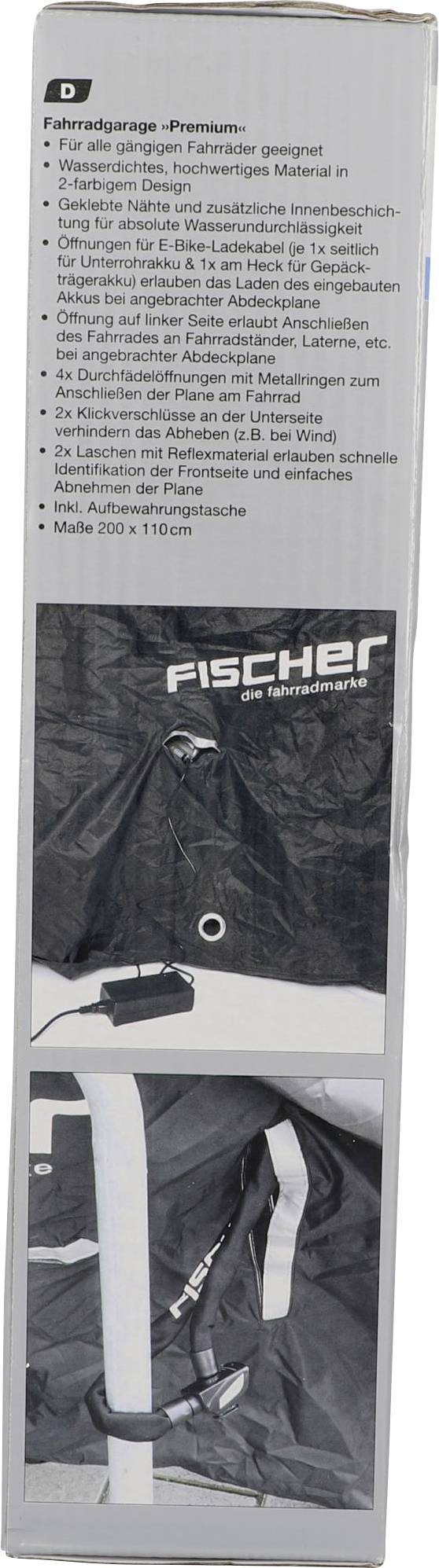 Eine Schutzhülle für Fahrräder, wetterfest mit Belüftung. Schwarze Farbe, sicherer Befestigungsmechanismus. Markenname 'Fischer'. Maße: 200 x 110 cm.