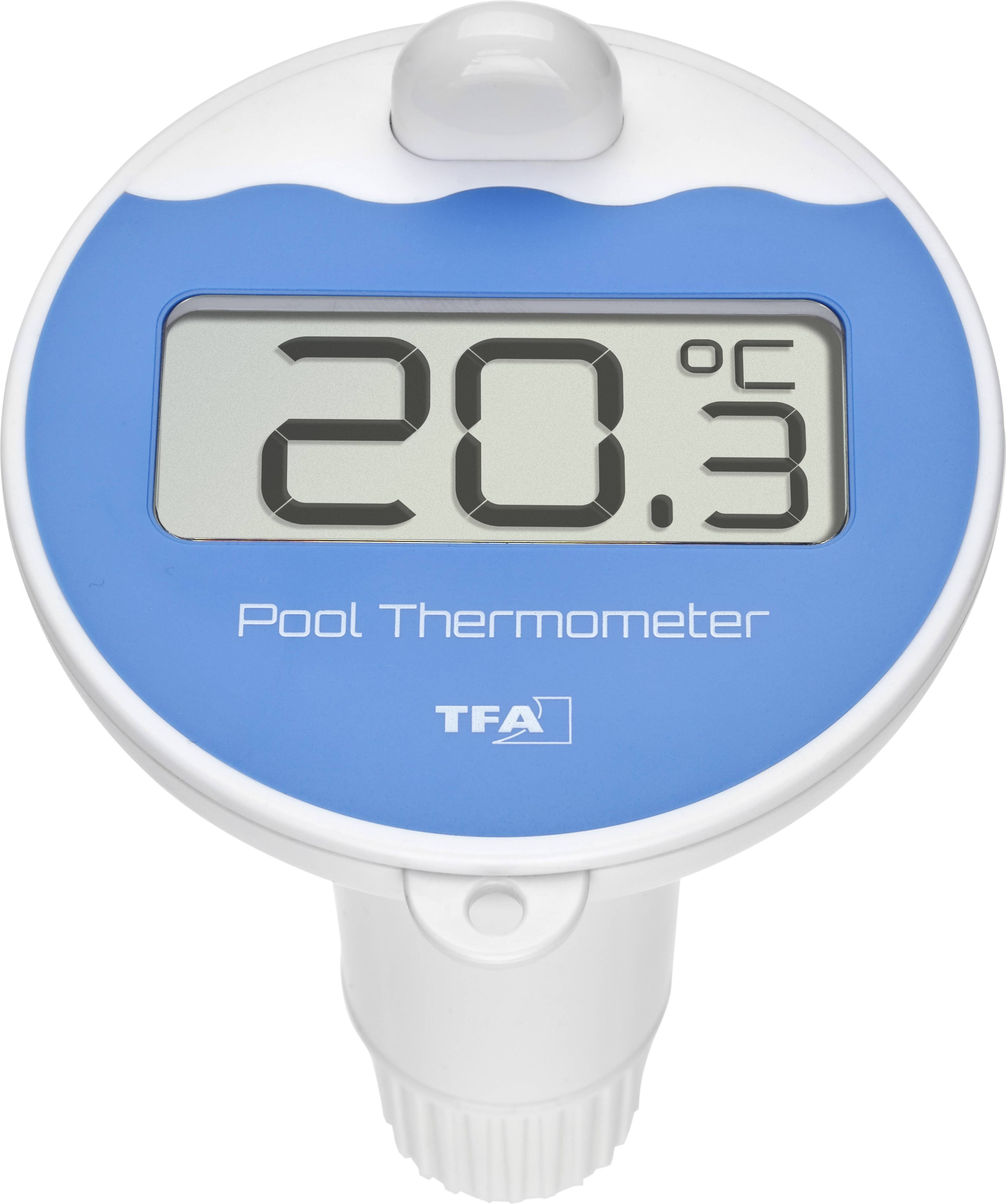 Poolthermometer mit digitaler Anzeige zeigt 20,3 Grad Celsius an.