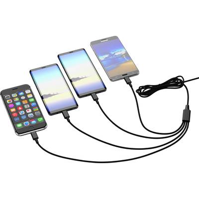 Vier Smartphones angeschlossen an Ladegeräte, die nebeneinander liegen. Unterschiedliche Modelle mit verschiedenen Hintergrundbildern.