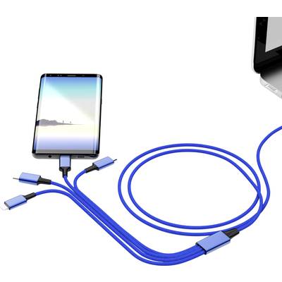Ein Smartphone und ein Laptop sind durch ein blaues, mehrfach geteiltes Ladekabel verbunden. Das Kabel hat verschiedene Anschlussadapter.